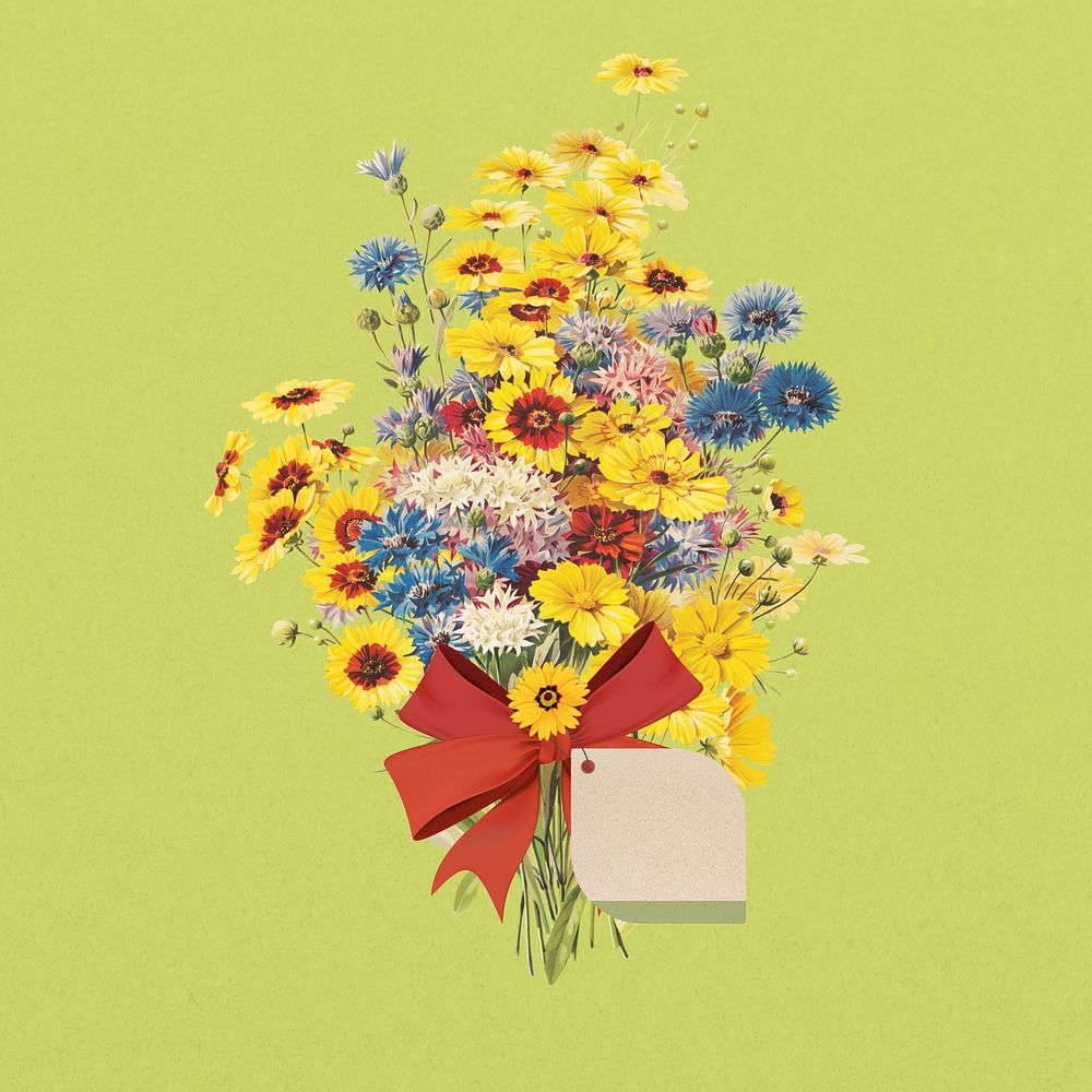 Yellow flower bouquet, note paper collage
