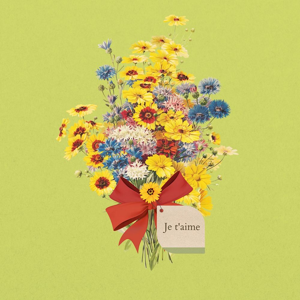 Je t'aime word, aesthetic flower bouquet collage art