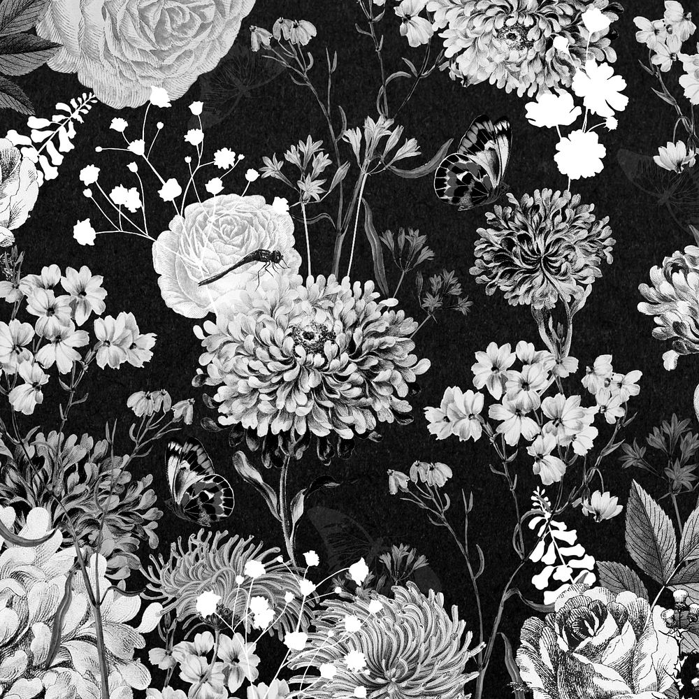 Vintage flower background, black and white illustration