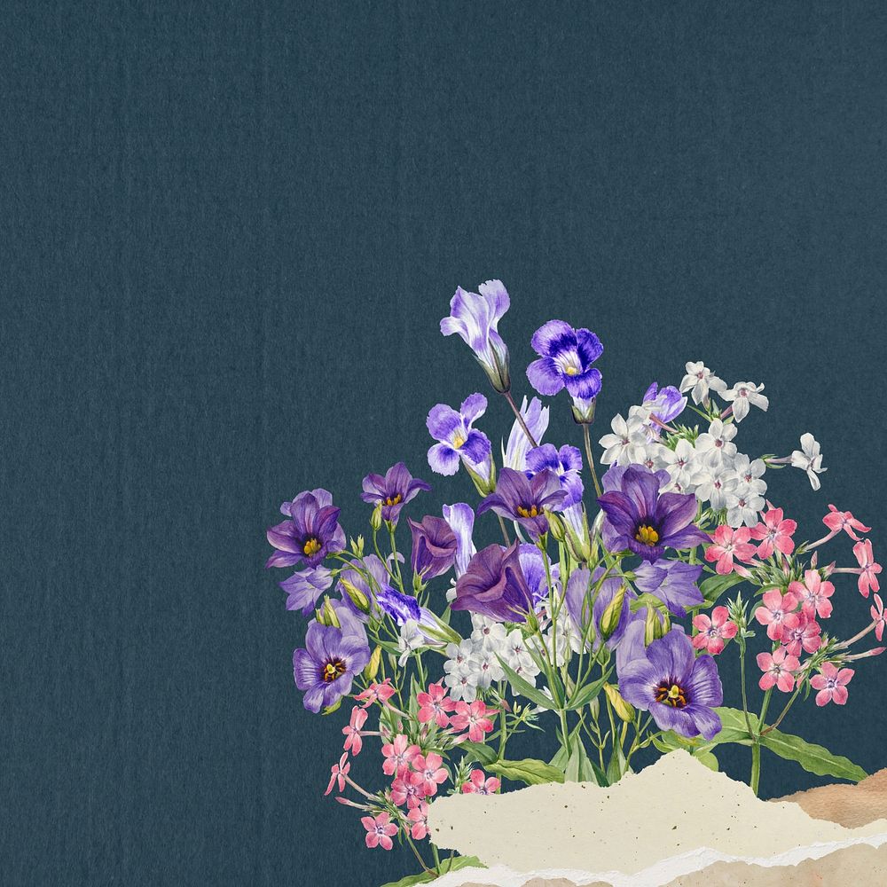 Dark bluebell flowers background, ripped paper border