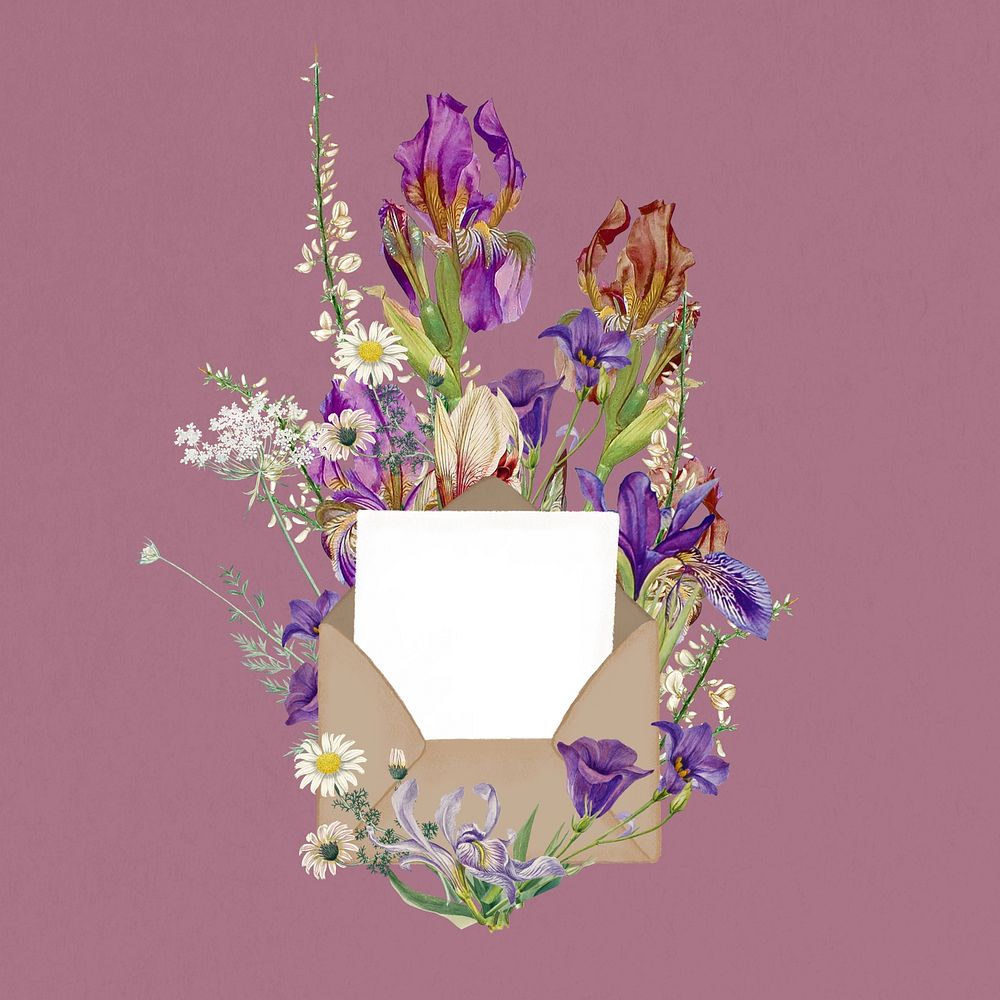 Wedding invitation, purple flower bouquet paper collage