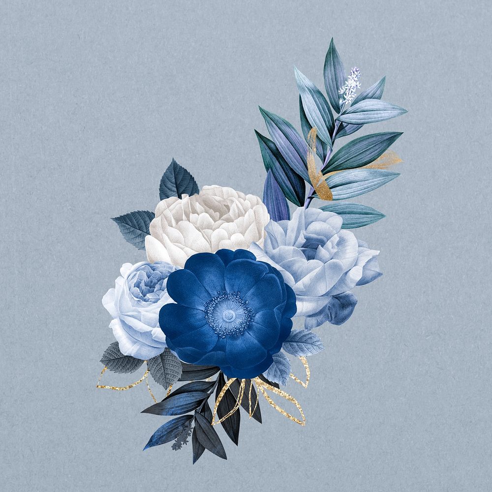 Blue peony flower, botanical illustration