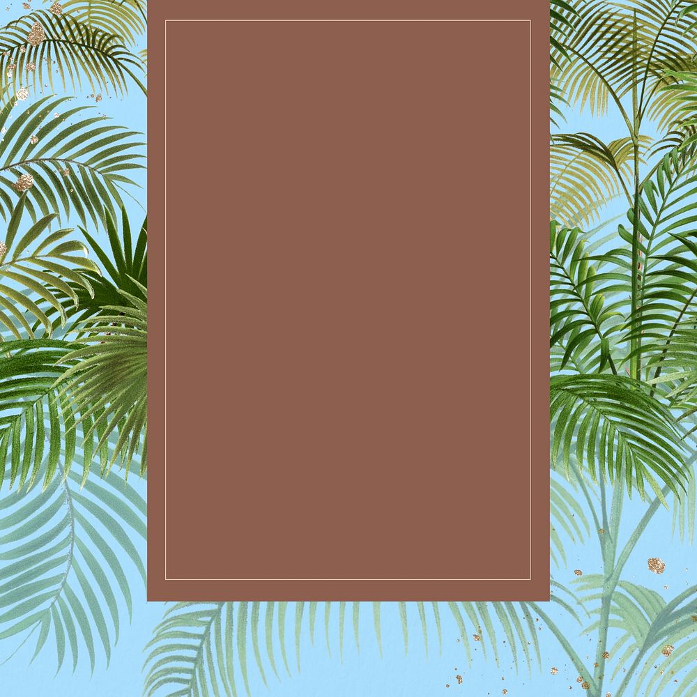 Tropical palm trees frame, brown rectangle shape