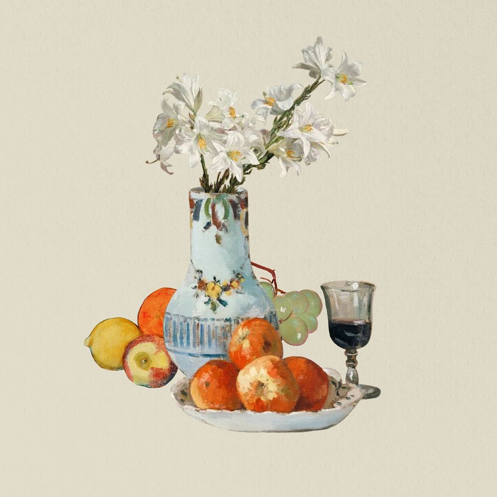 Vase fruit still life, vintage. Remixed by rawpixel.