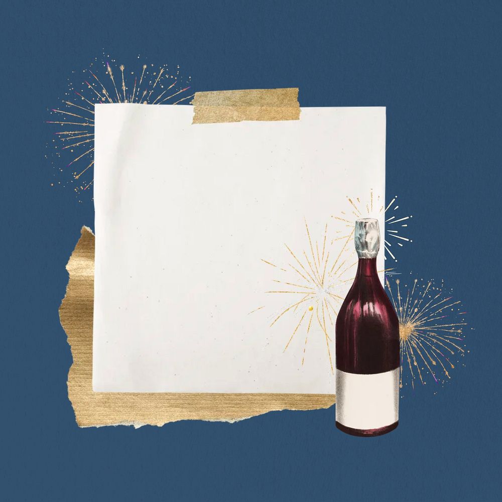 Wine bottle fireworks, note paper, celebration. Remixed by rawpixel.