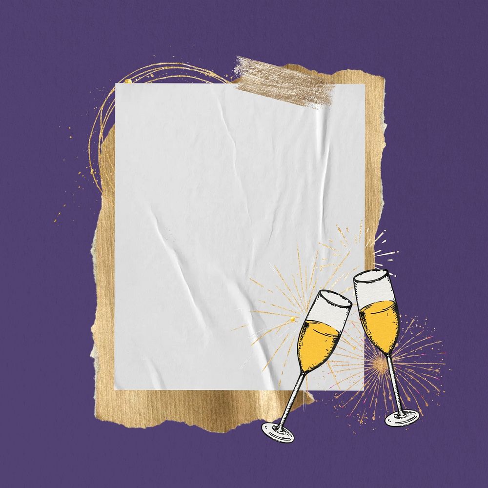 Champagne glasses, note paper, celebration. Remixed by rawpixel.