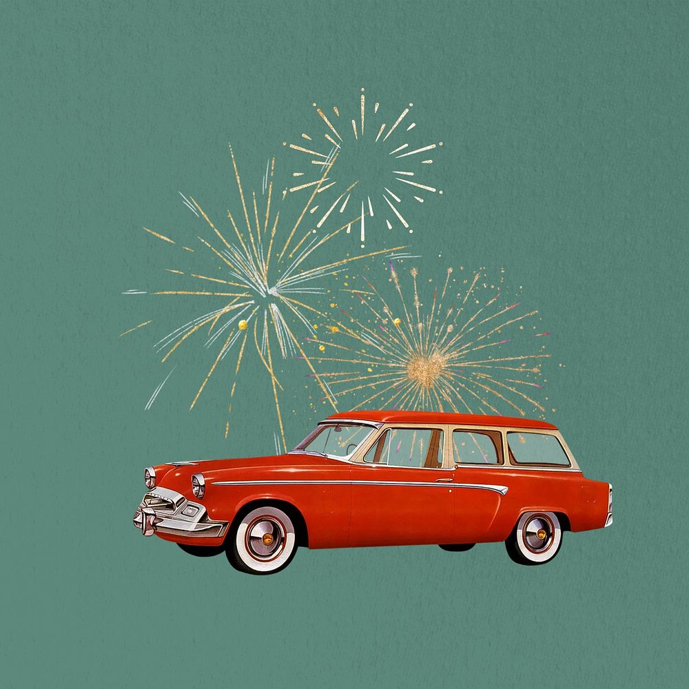 Classic car & fireworks, celebration remix