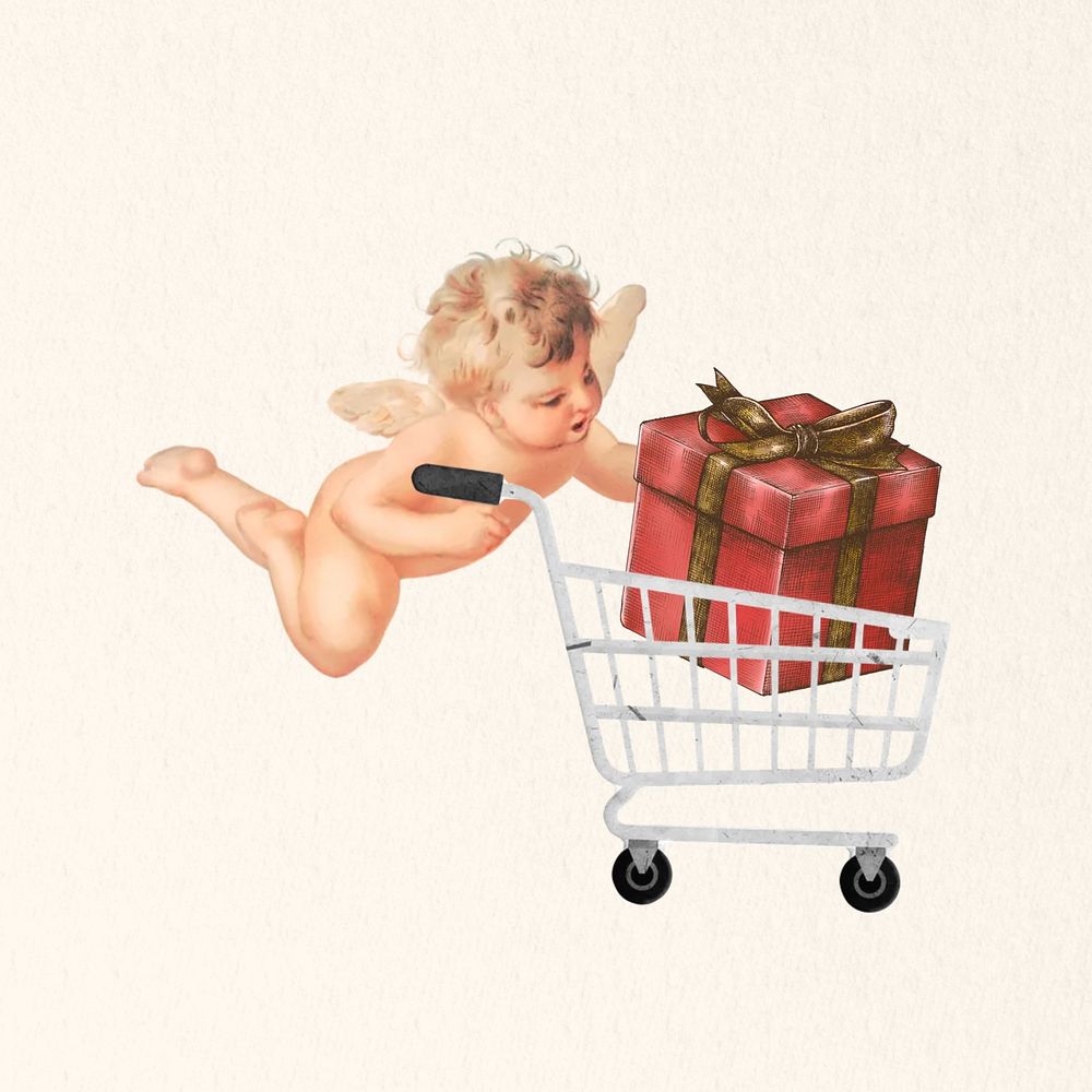 Gift box in shopping cart, cupid. Remixed by rawpixel.