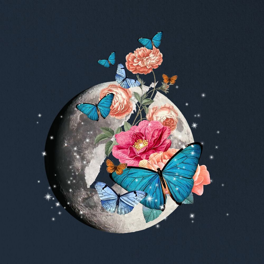 Floral moon butterfly, surreal collage art