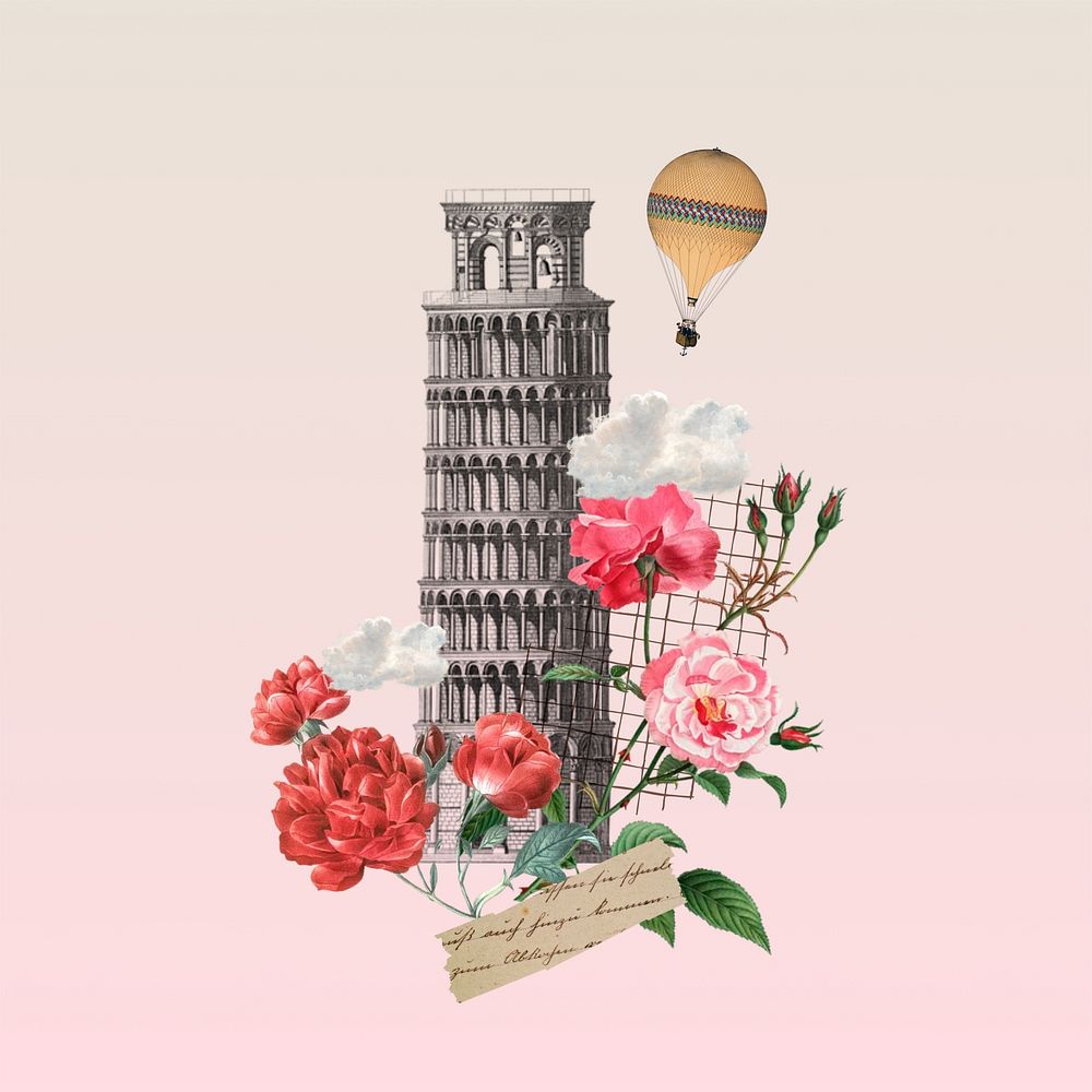 Tower of Pisa, floral travel collage. Remixed by rawpixel.