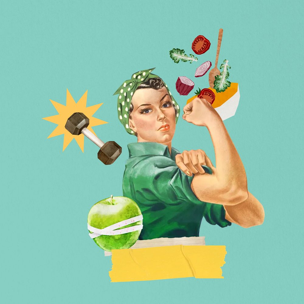 Flexing woman, healthy diet & wellness collage. Remixed by rawpixel.