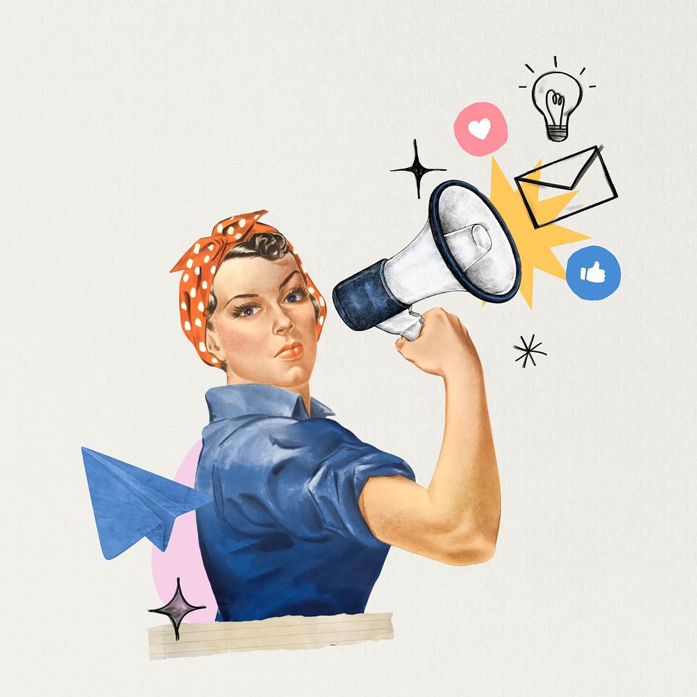 Woman holding megaphone, social media vintage. Remixed by rawpixel.