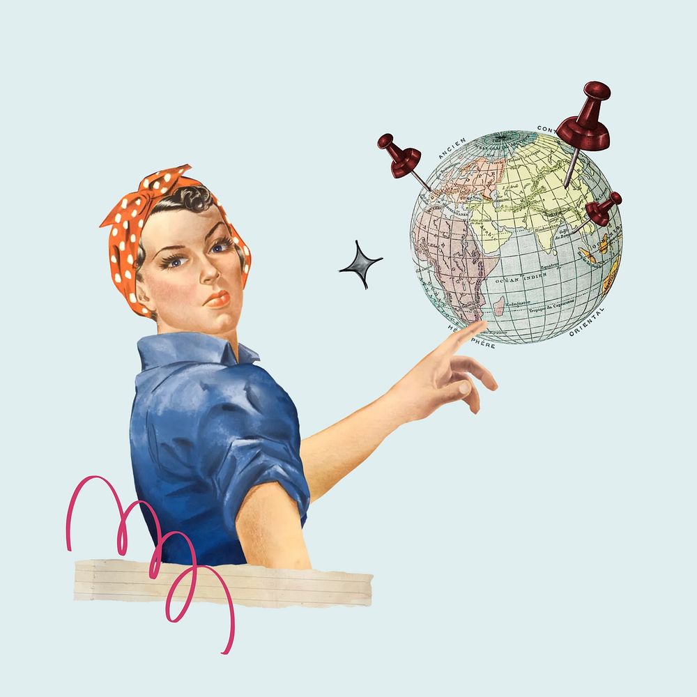 Woman pinning globe, travel collage. Remixed by rawpixel.