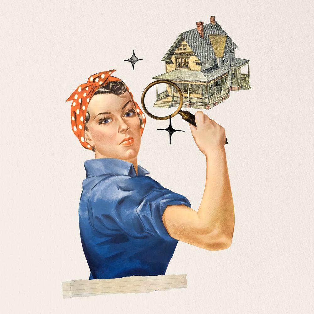 House searching, woman holding magnifying glass. Remixed by rawpixel.