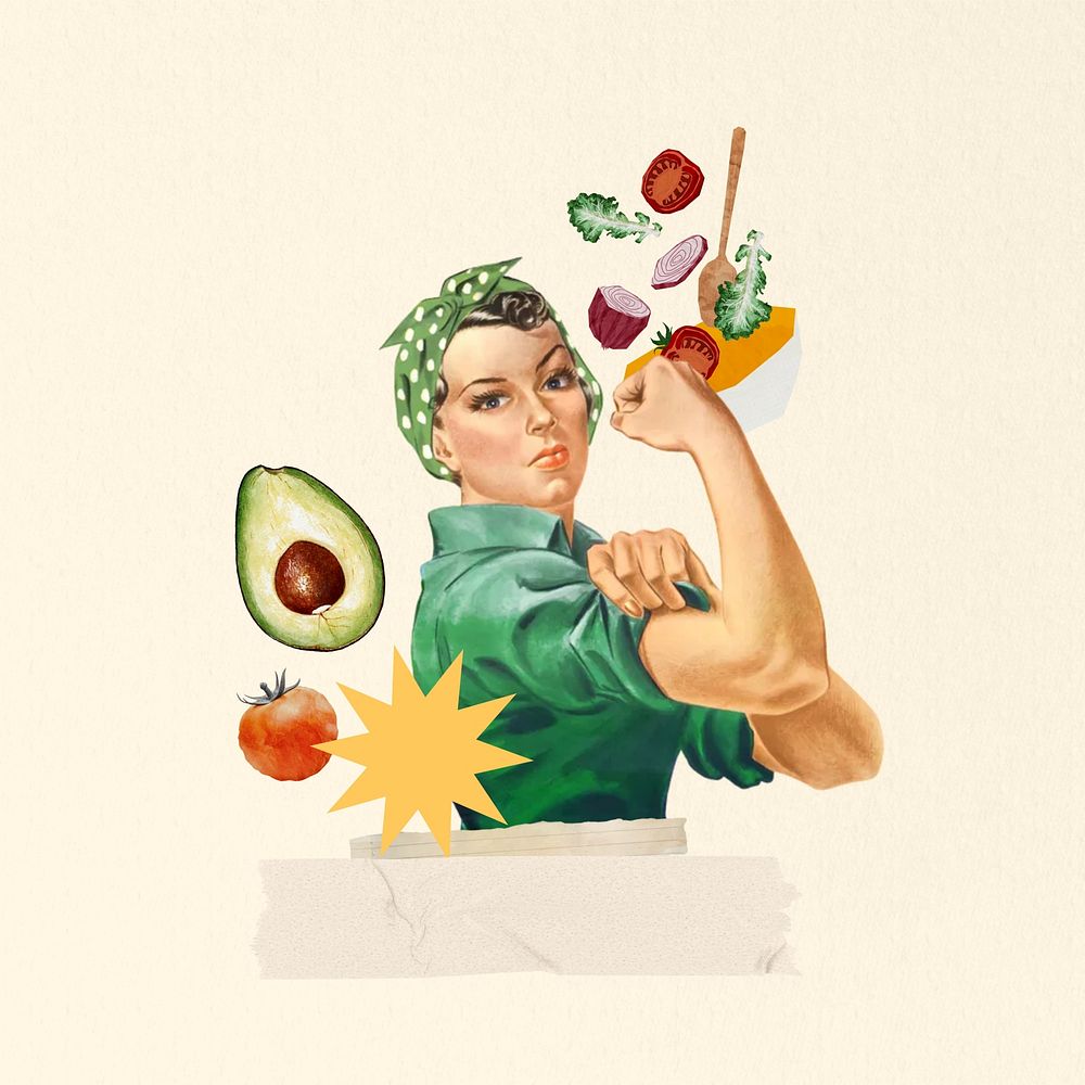 Flexing woman, healthy diet & wellness collage. Remixed by rawpixel.