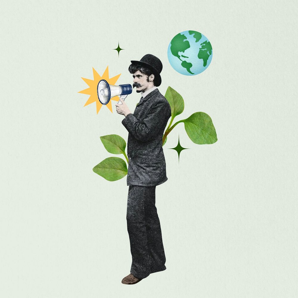 Environmentalist man holding megaphone collage art. Remixed by rawpixel.