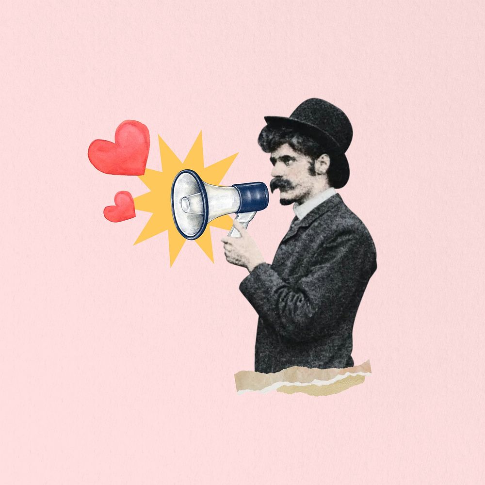Valentine's celebration, man holding megaphone collage . Remixed by rawpixel.