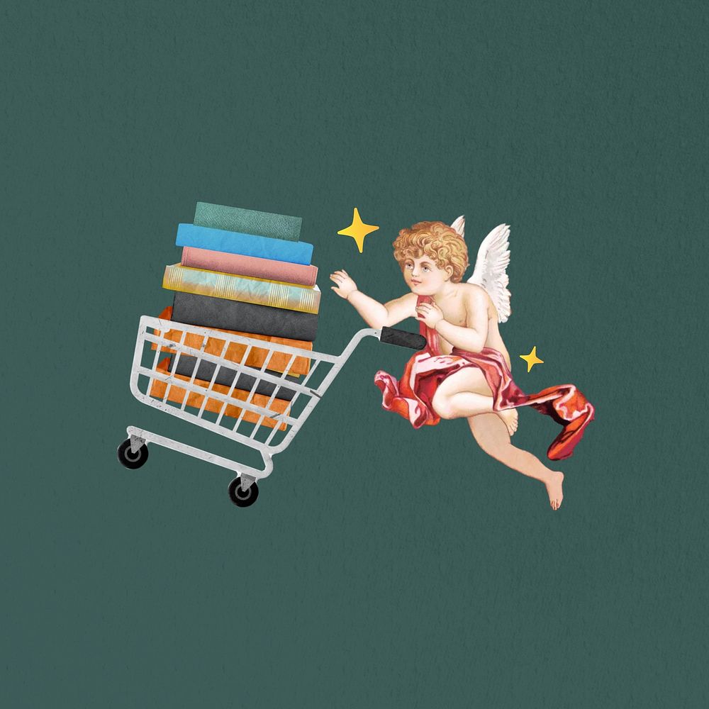 Cupid buying textbooks, education collage. Remixed by rawpixel.