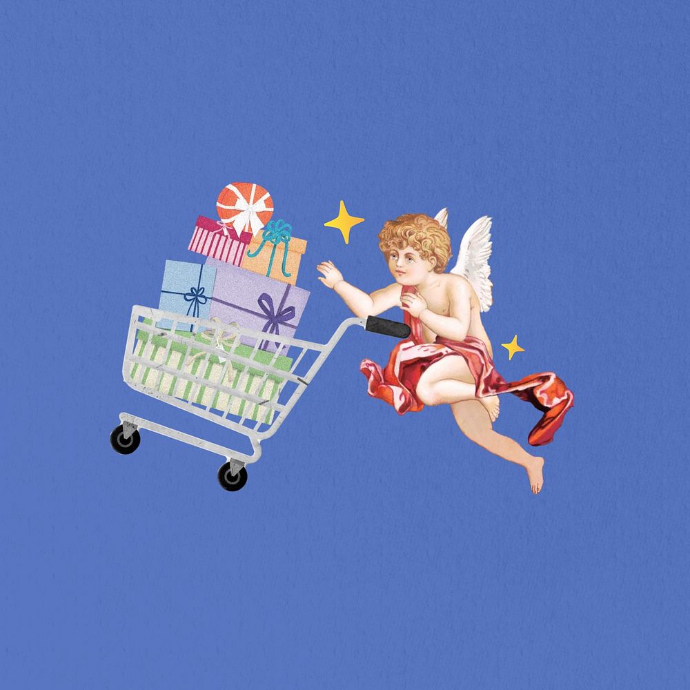 Cupid shopping for gifts, celebration graphic. Remixed by rawpixel.