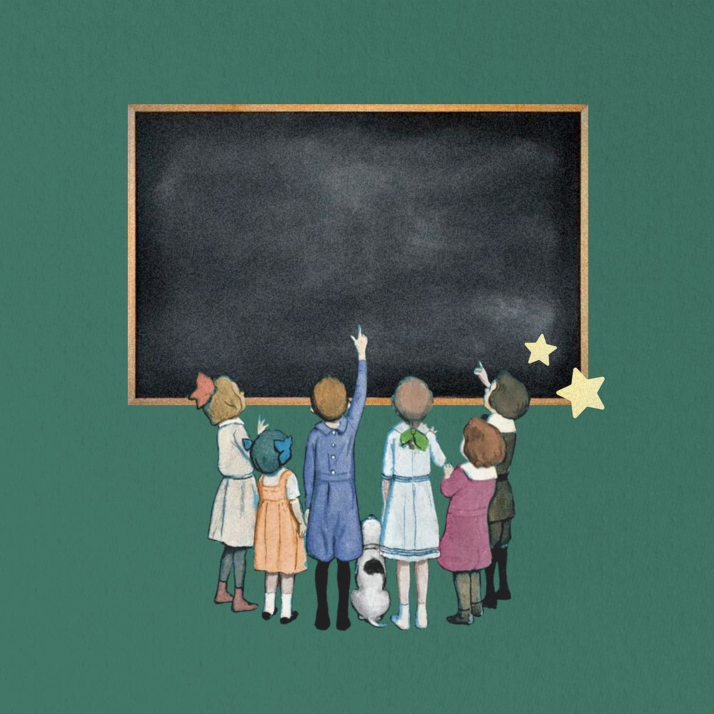 Children pointing at blackboard, education. Remixed by rawpixel.