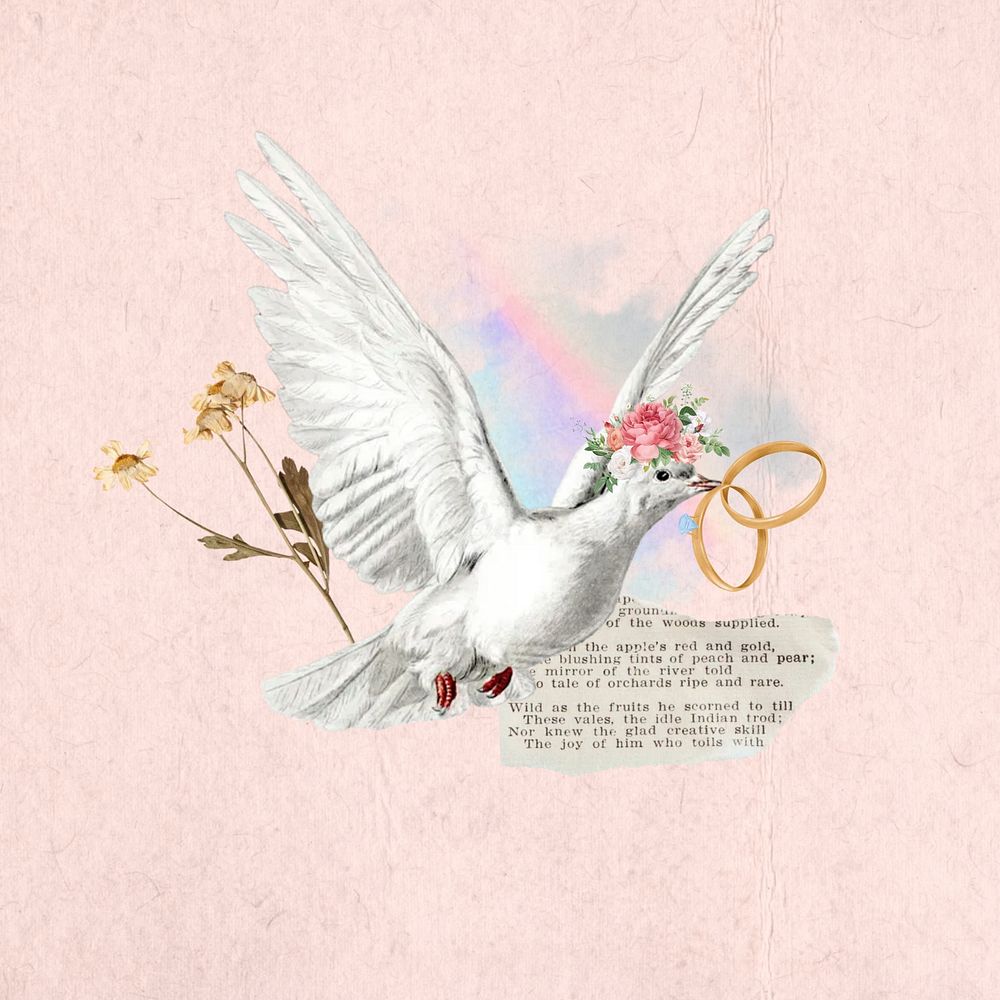 Wedding rings, flying dove aesthetic collage. Remixed by rawpixel.