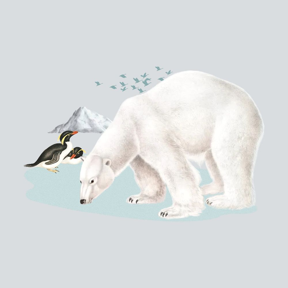 Polar bear and penguins, global warming collage art