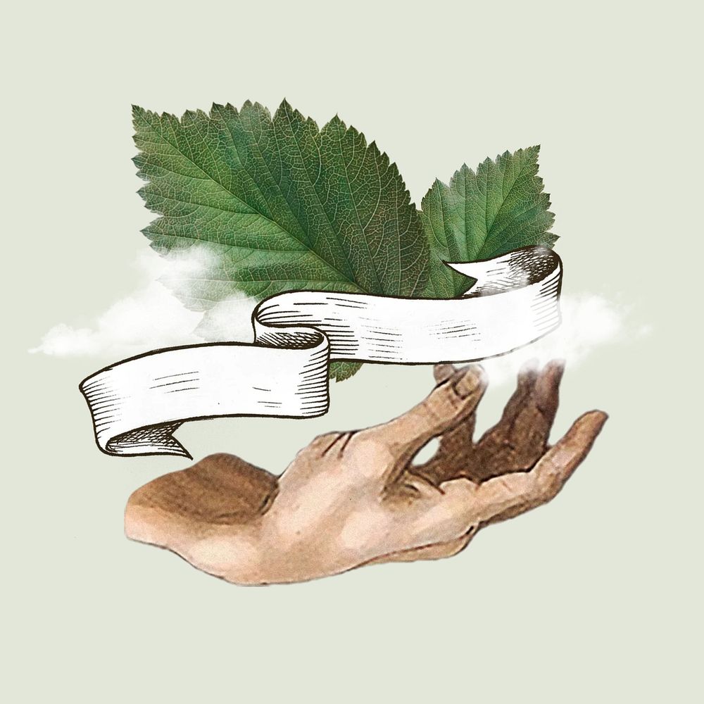 Fresh air, hand presenting leaf & cloud. Remixed by rawpixel.