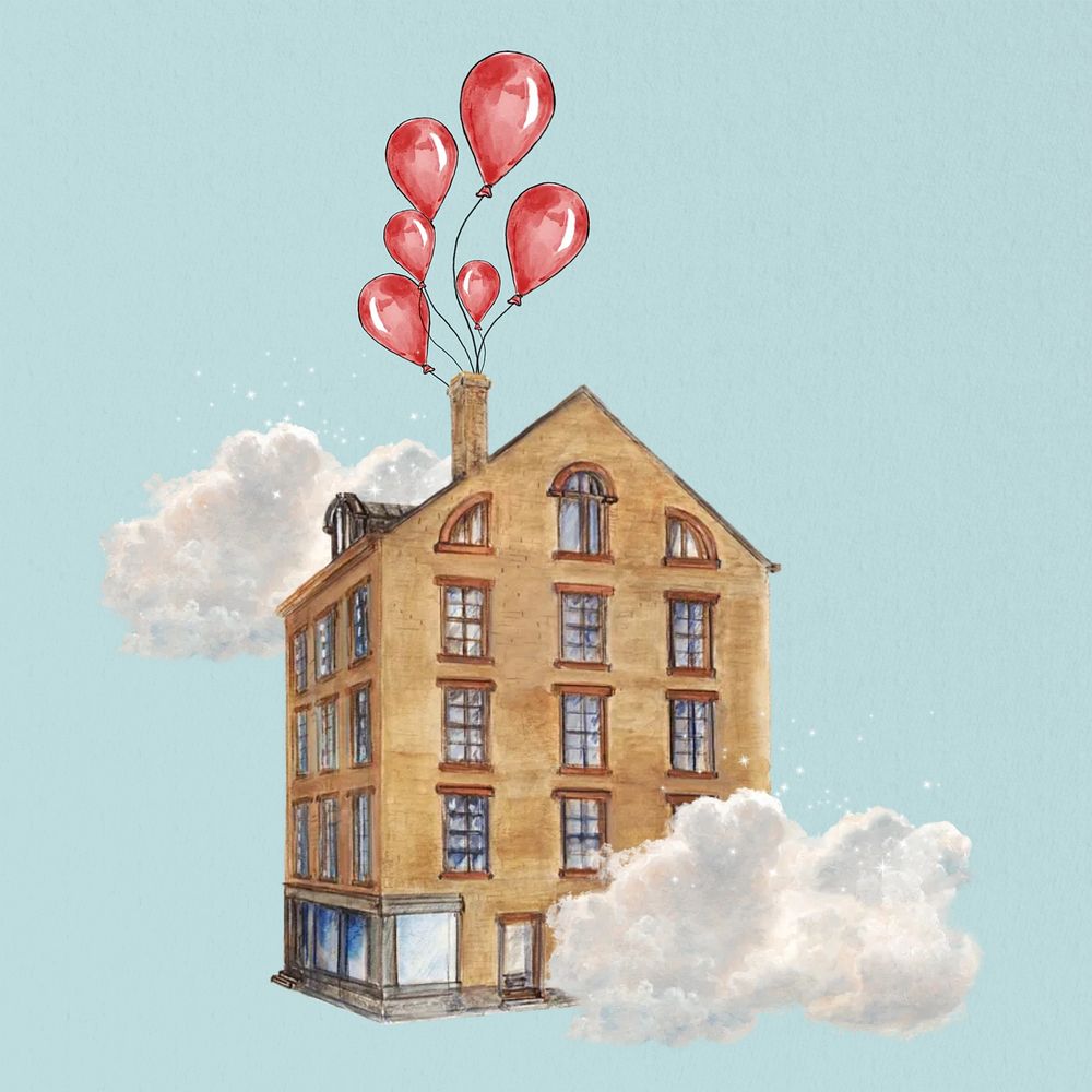 Floating building, vintage balloons. Remixed by rawpixel.