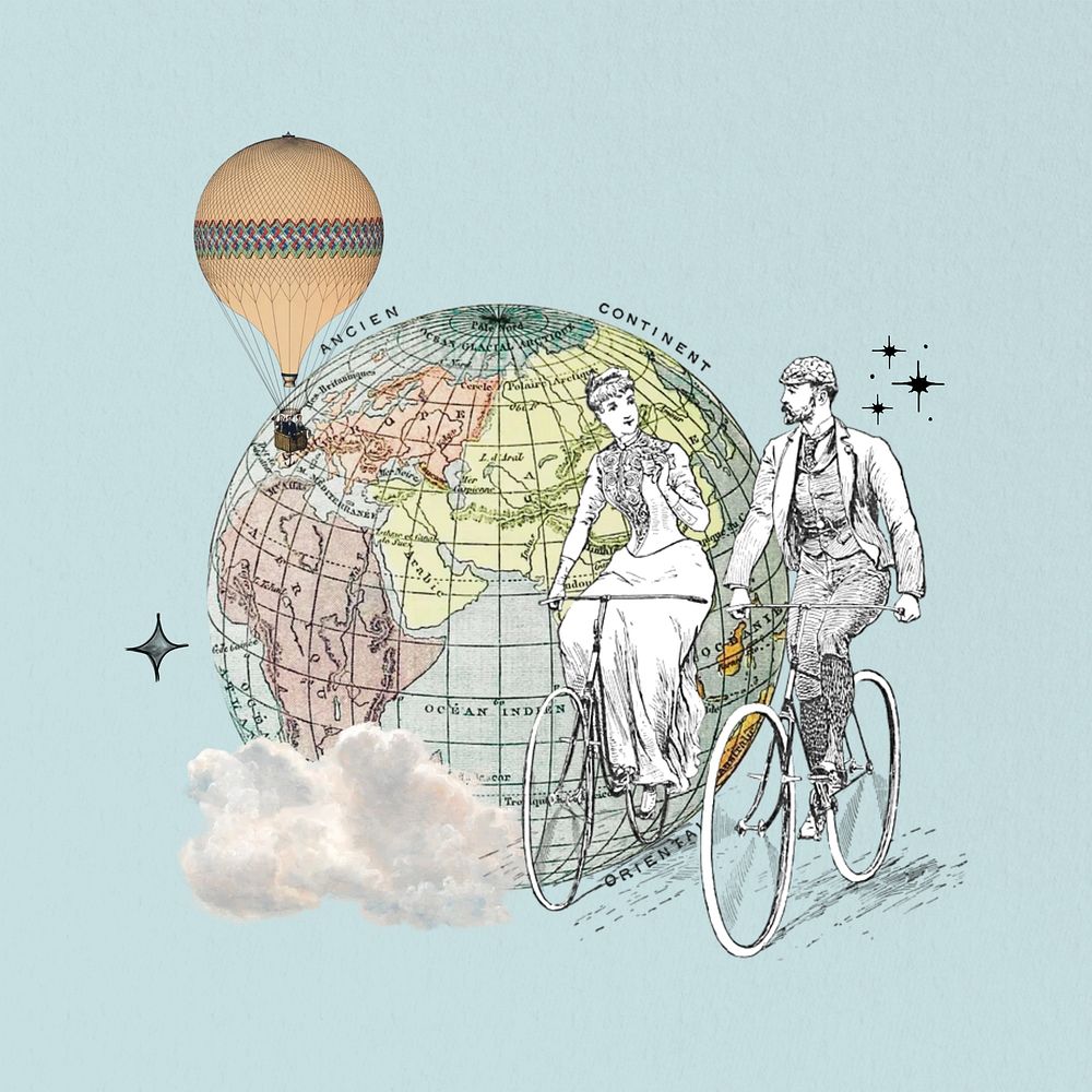 Aesthetic globe and biking couple. Remixed by rawpixel.