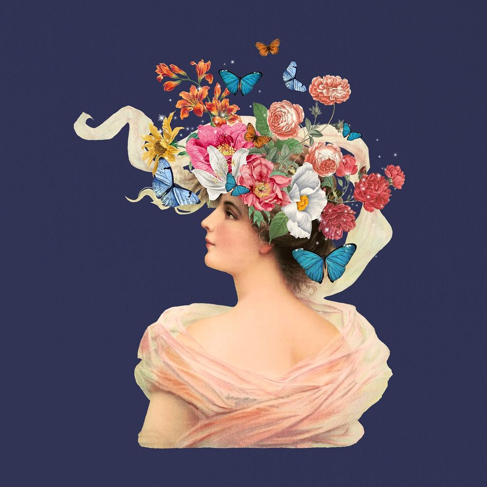 Flower headed woman, mental health. Remixed by rawpixel.