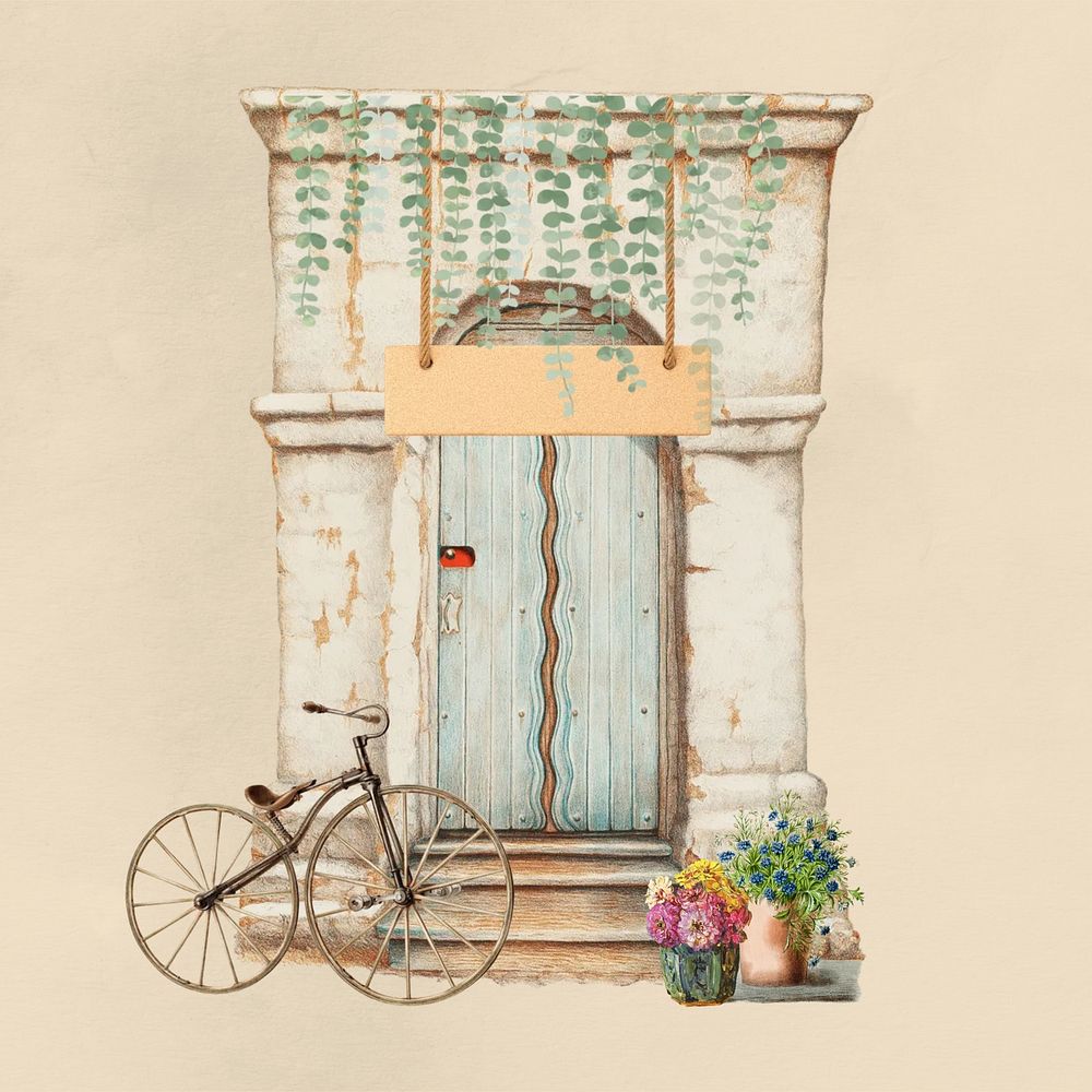 Vintage cafe entrance, bicycle. Remixed by rawpixel.