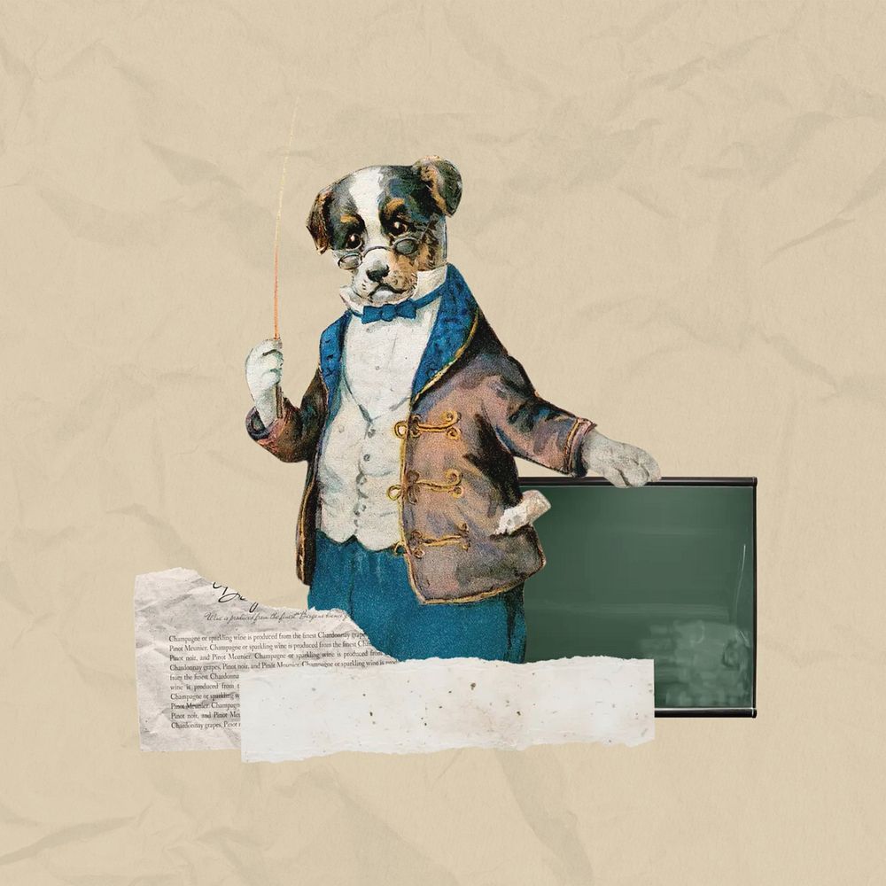 Dog dressed as teacher, education collage. Remixed by rawpixel.