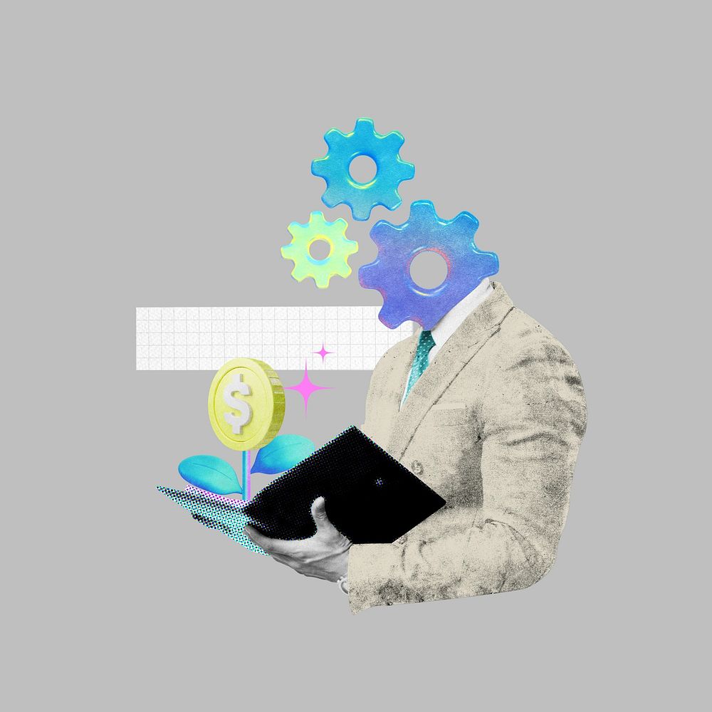 Businessman cogwheels, gradient collage remix