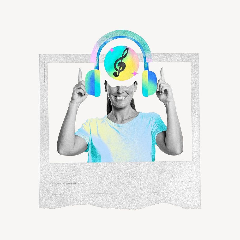 Woman listening to music, creative remix