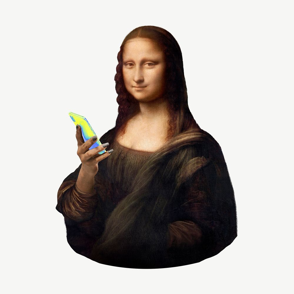 Mona Lisa using phone sticker, Da Vinci's famous artwork psd. Remixed by rawpixel.