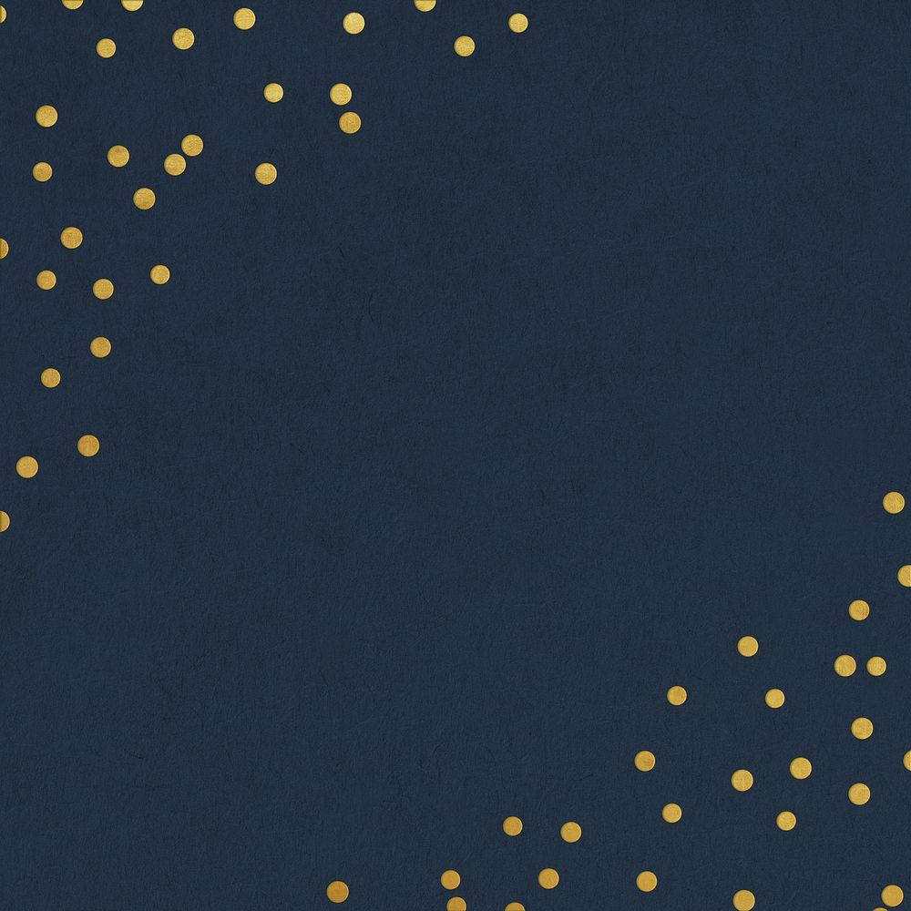 Festive dark blue background, gold confetti border