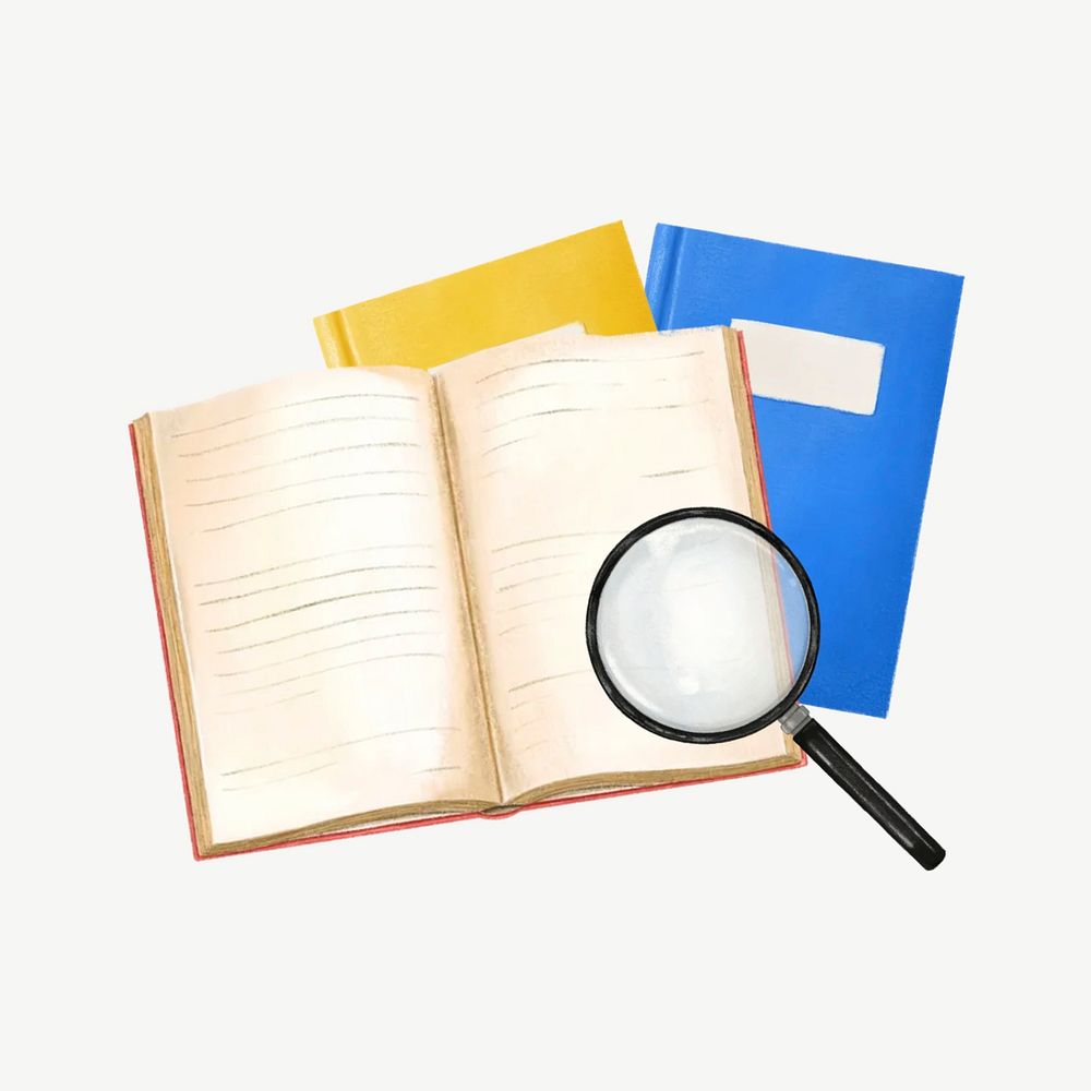 Textbooks and magnifying glass, education illustration psd