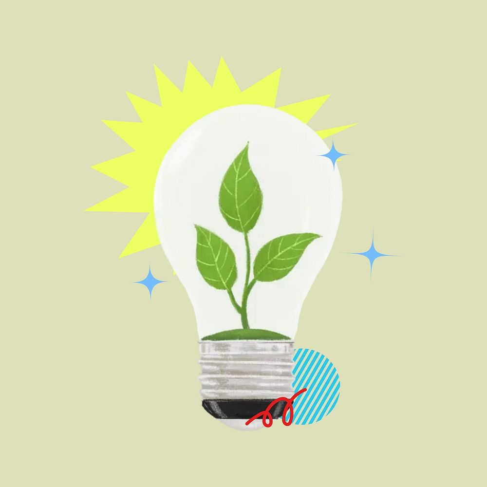 Sustainable energy, plant in light bulb, environment remix