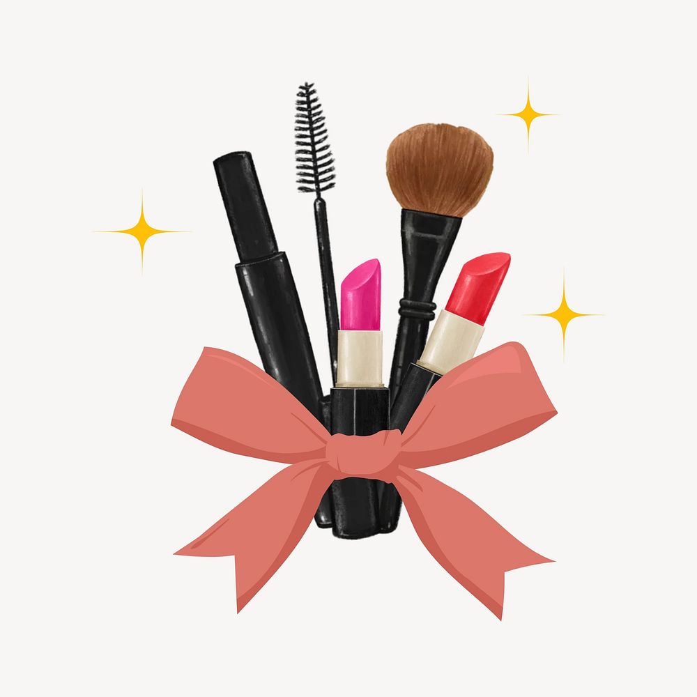 Makeup gift set, eyeshadow palette, mascara, brush illustration