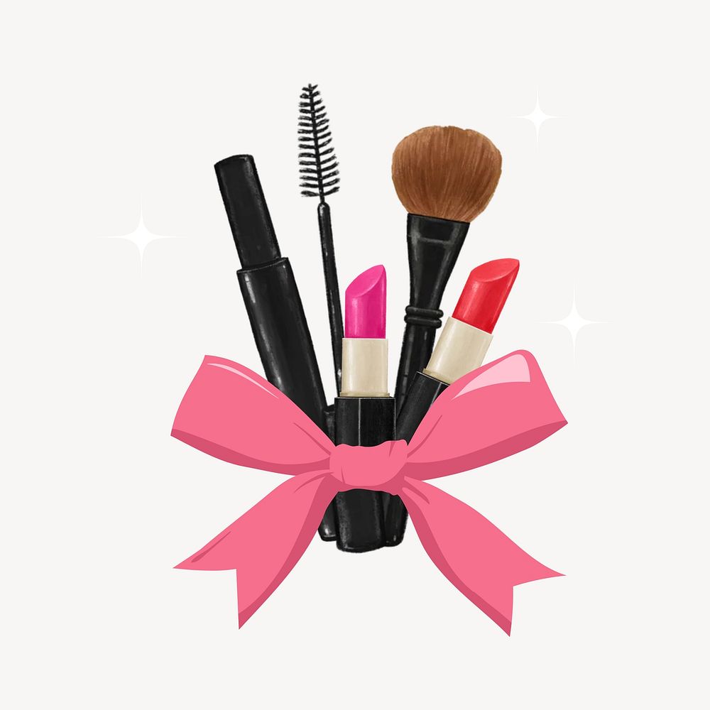 Makeup gift set, eyeshadow palette, mascara, brush illustration