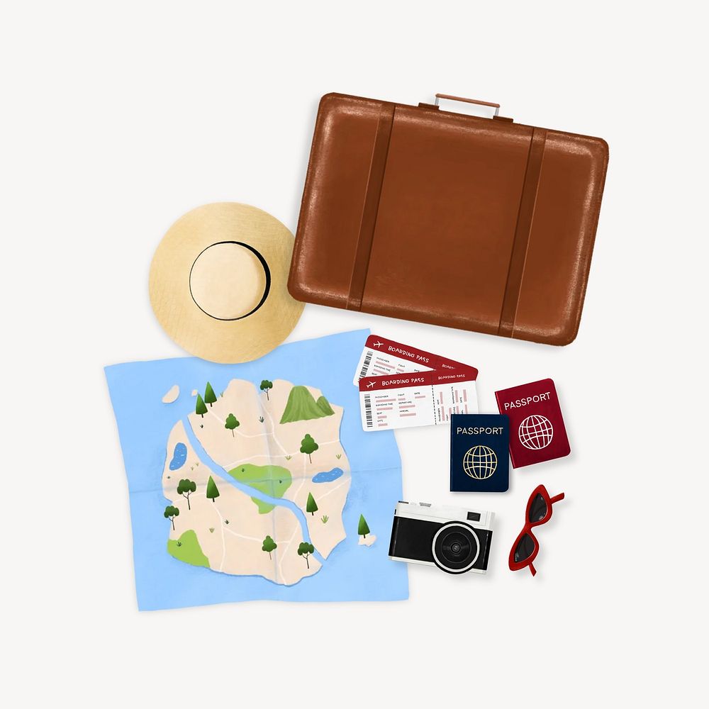 Travel aesthetic remix, luggage, map and camera