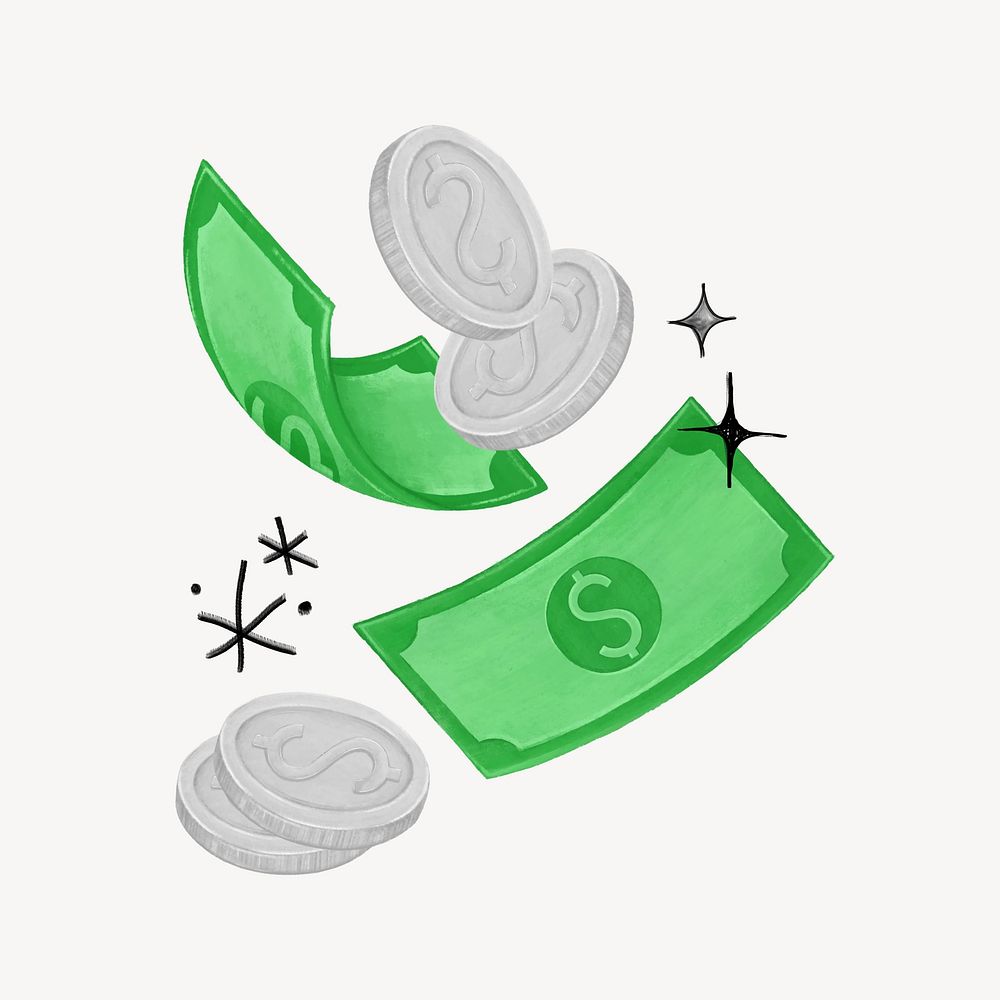 Floating coins and bill, money illustration