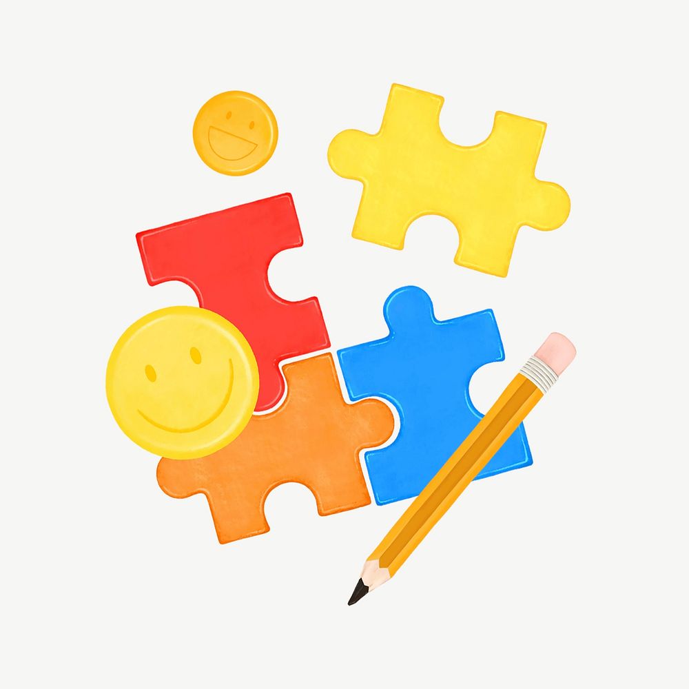 Colorful jigsaw puzzle, smiling emoticon remix psd
