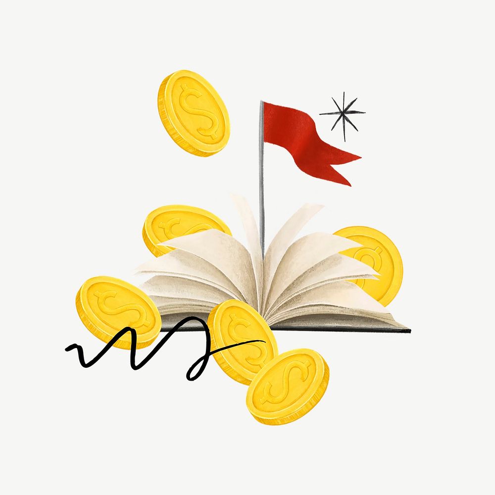 Investment & finance studies remix, open book and gold coins psd