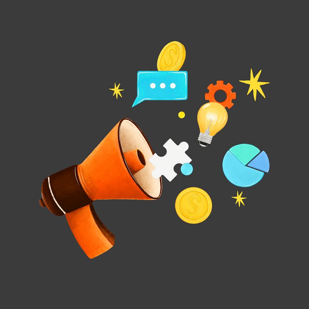 Marketing tool remix, orange megaphone illustration psd