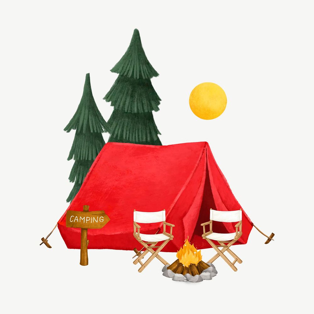 Camping site aesthetic, tent, chairs and campfire remix psd