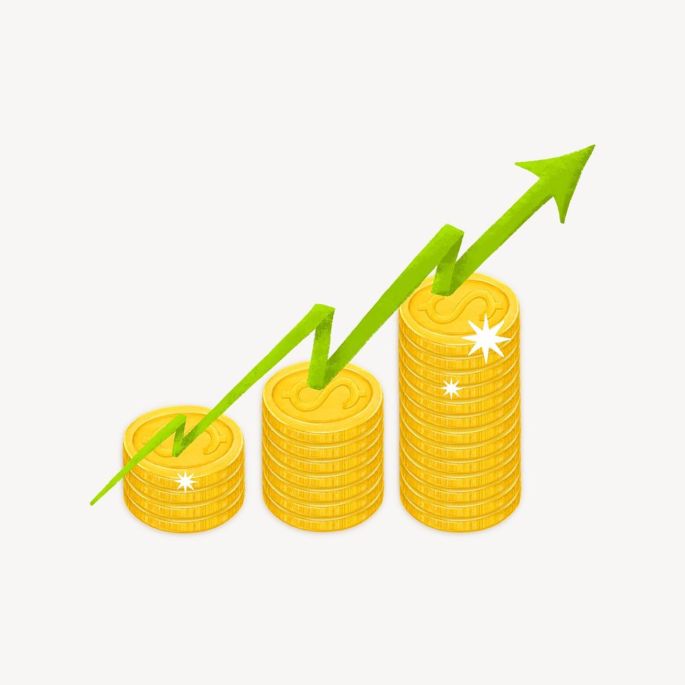 Stacked coins with upward arrow, revenue increase remix