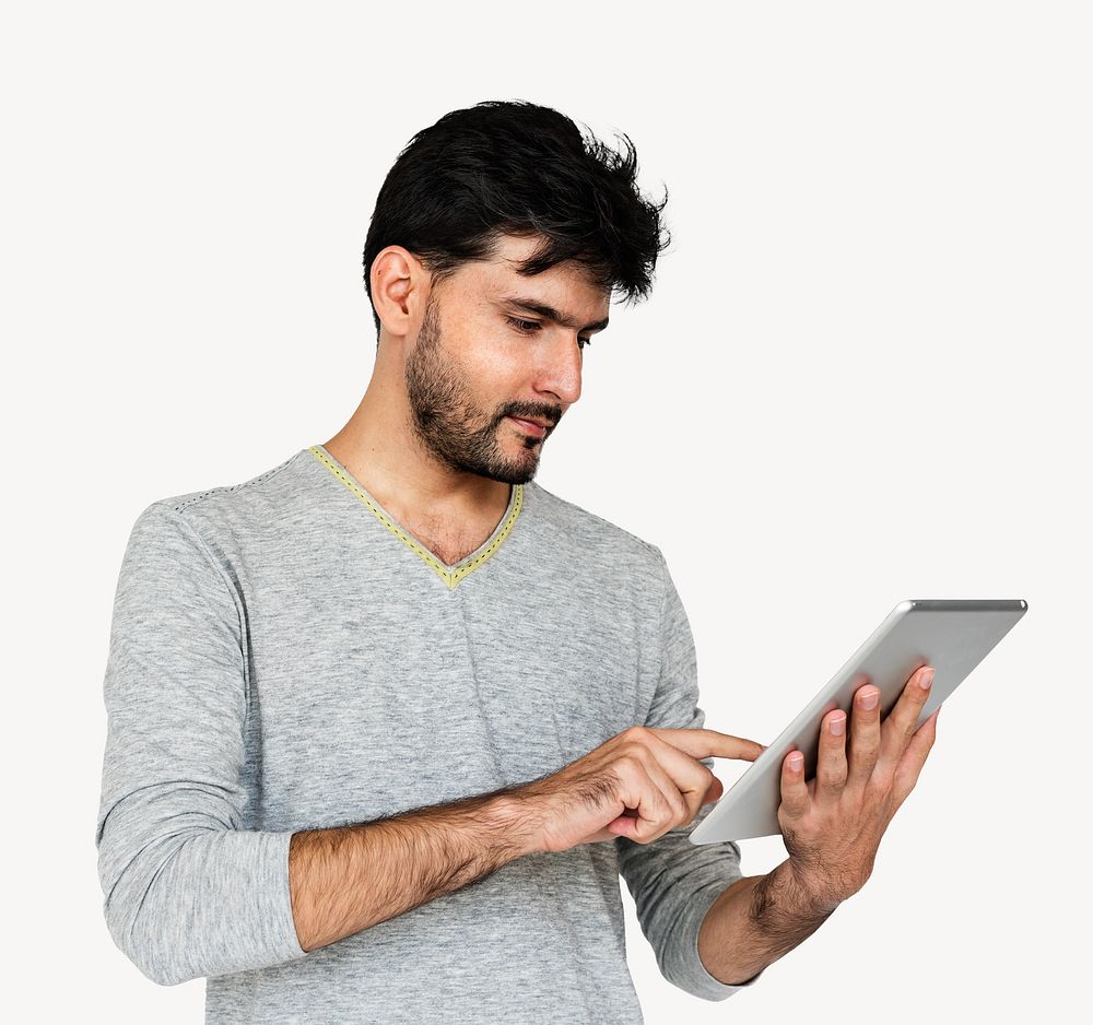 Man using tablet isolated image on white