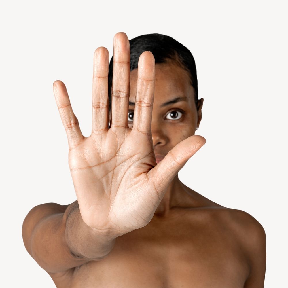 Black woman stop gesture isolated image on white