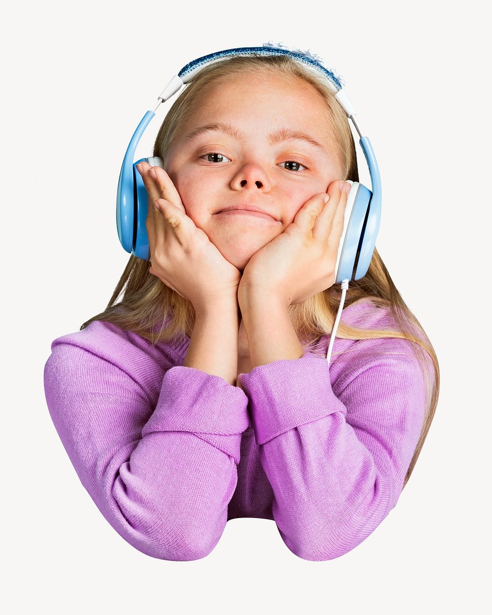 Girl listening to music isolated image on white